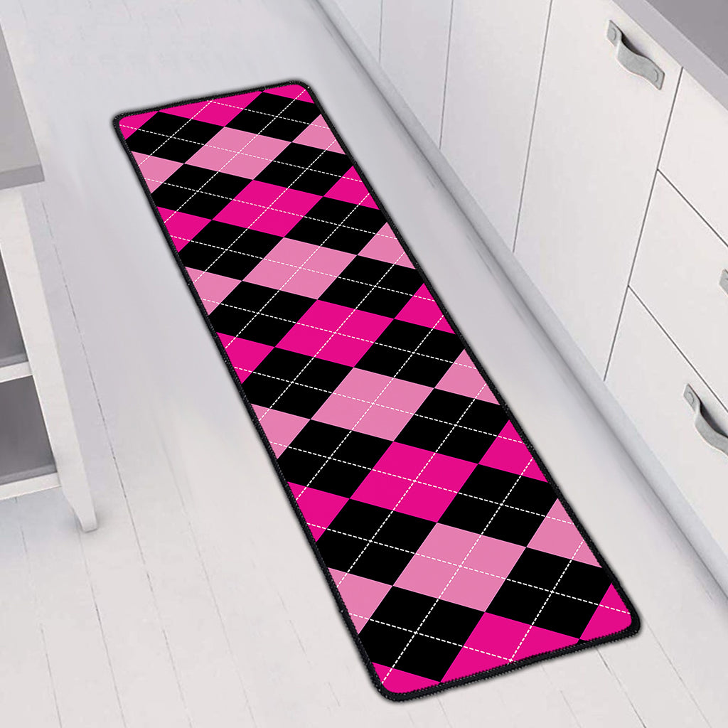 Black And Deep Pink Argyle Pattern Print Long Kitchen Mat