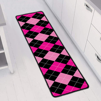 Black And Deep Pink Argyle Pattern Print Long Kitchen Mat