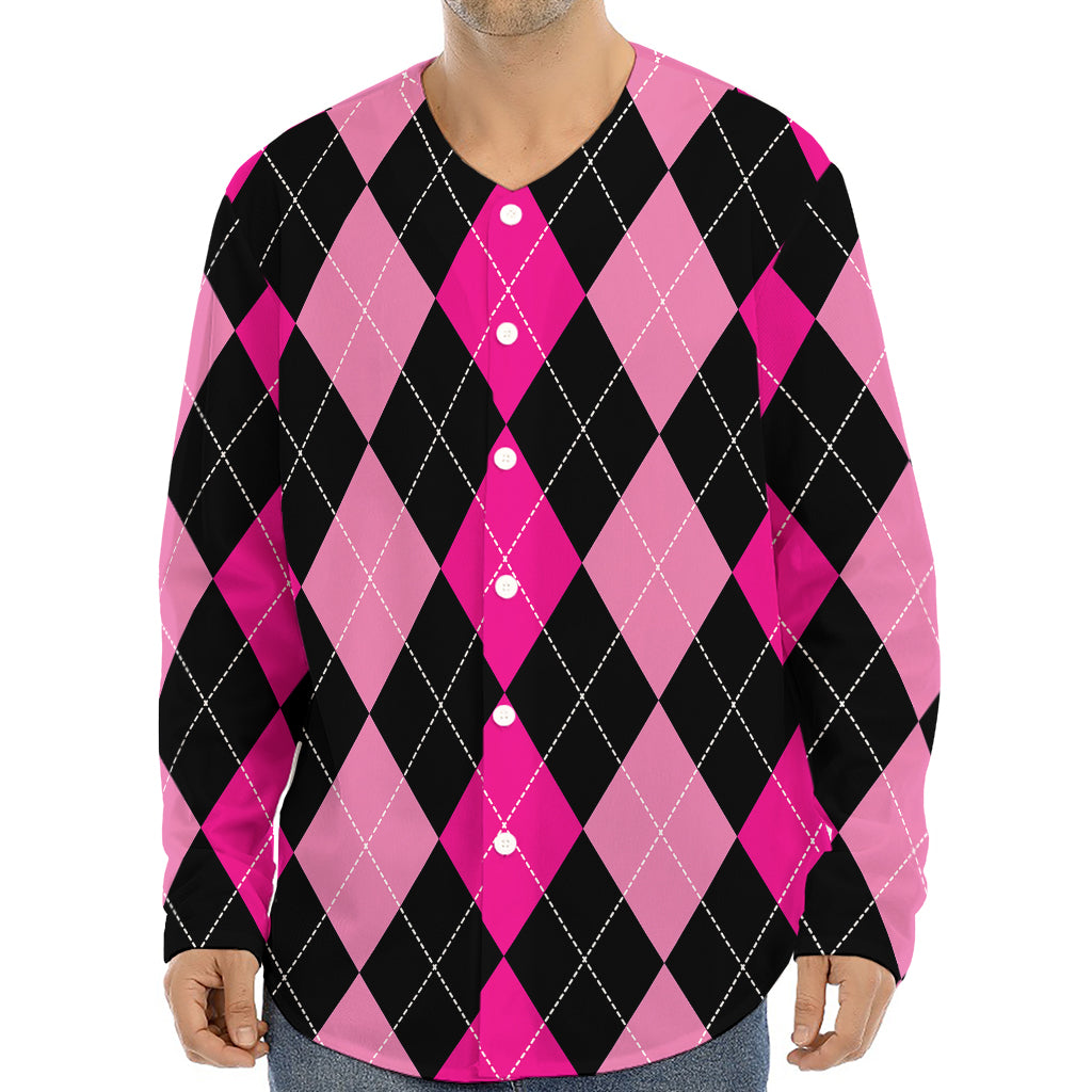 Black And Deep Pink Argyle Pattern Print Long Sleeve Baseball Jersey