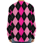 Black And Deep Pink Argyle Pattern Print Long Sleeve Baseball Jersey