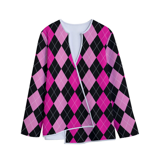 Black And Deep Pink Argyle Pattern Print Long Sleeve Short Coat