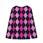 Black And Deep Pink Argyle Pattern Print Long Sleeve Short Coat