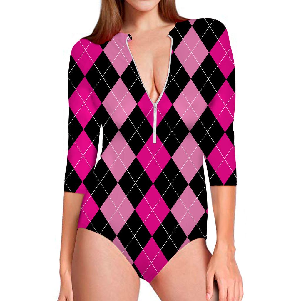 Black And Deep Pink Argyle Pattern Print Long Sleeve Swimsuit