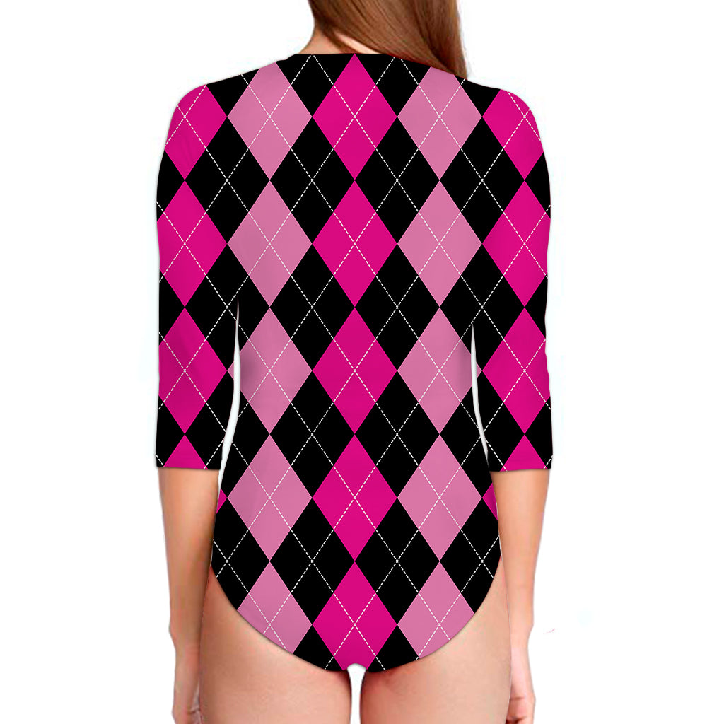 Black And Deep Pink Argyle Pattern Print Long Sleeve Swimsuit