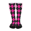 Black And Deep Pink Argyle Pattern Print Long Socks