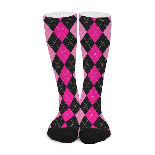 Black And Deep Pink Argyle Pattern Print Long Socks