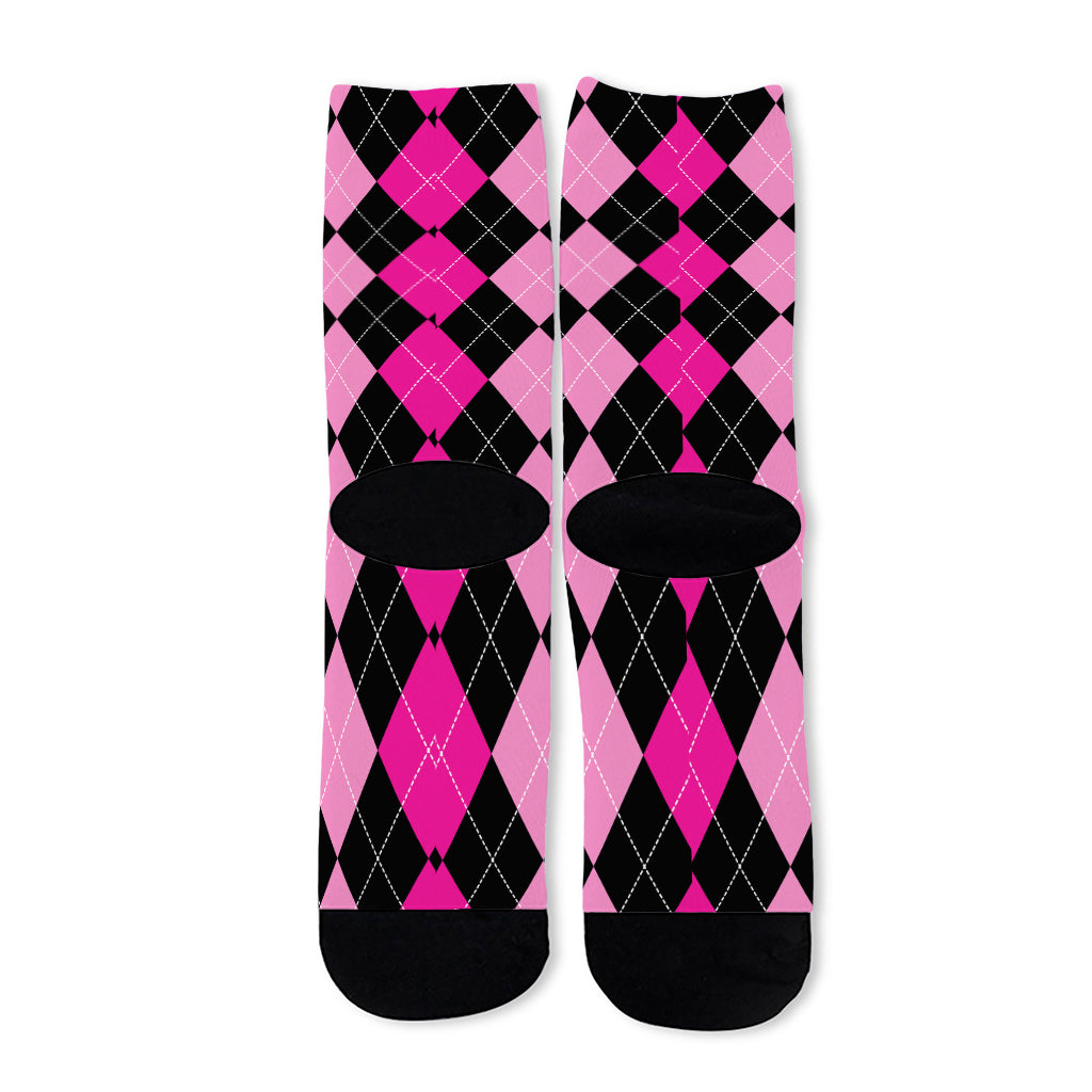 Black And Deep Pink Argyle Pattern Print Long Socks