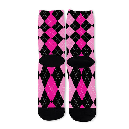 Black And Deep Pink Argyle Pattern Print Long Socks
