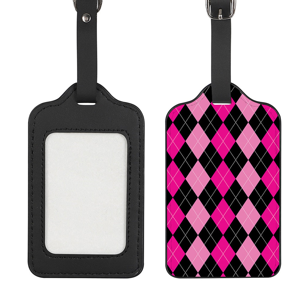 Black And Deep Pink Argyle Pattern Print Luggage Tag