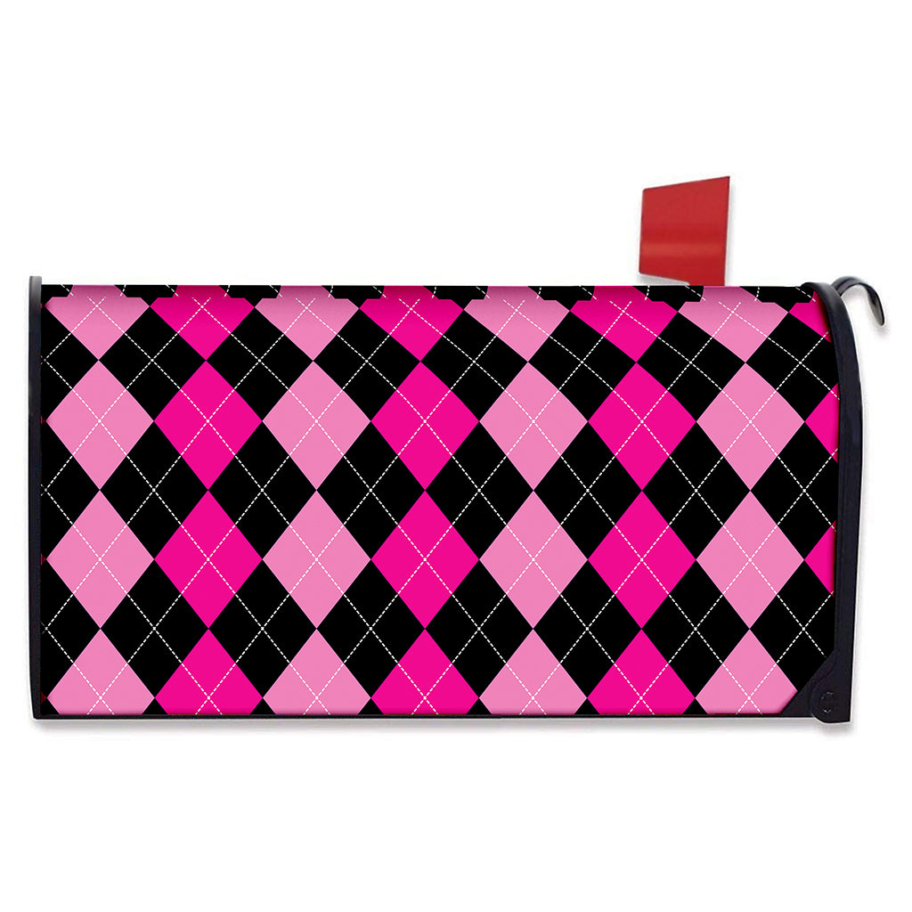 Black And Deep Pink Argyle Pattern Print Mailbox Cover