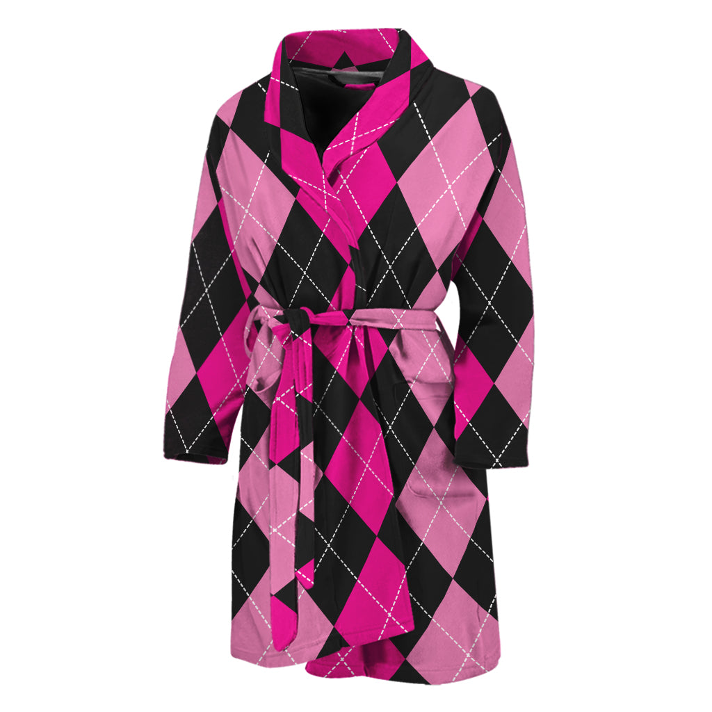 Black And Deep Pink Argyle Pattern Print Men's Bathrobe