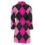 Black And Deep Pink Argyle Pattern Print Men's Bathrobe