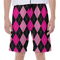 Black And Deep Pink Argyle Pattern Print Men's Beach Shorts