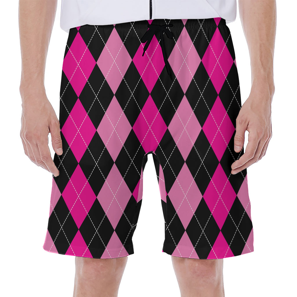 Black And Deep Pink Argyle Pattern Print Men's Beach Shorts