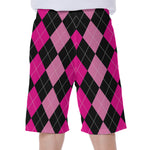 Black And Deep Pink Argyle Pattern Print Men's Beach Shorts