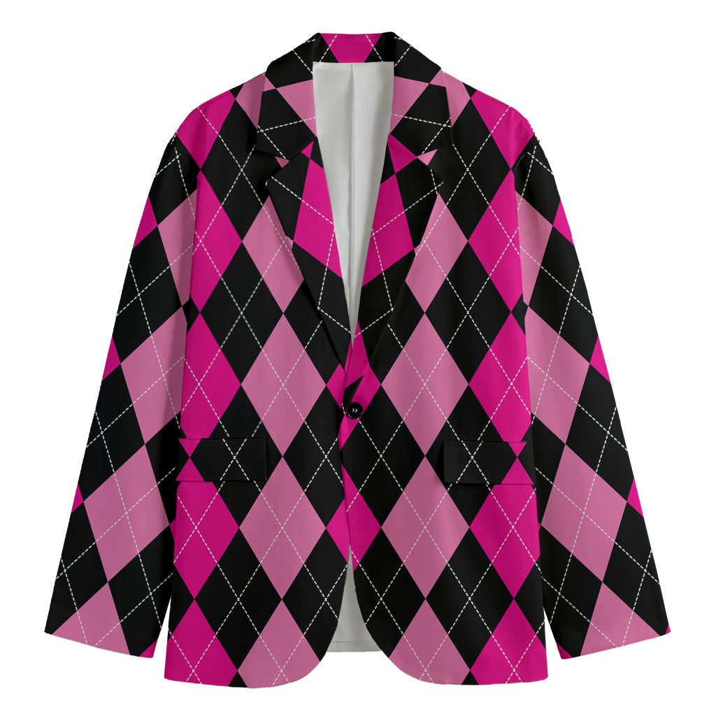 Black And Deep Pink Argyle Pattern Print Men's Blazer