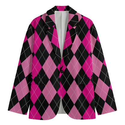 Black And Deep Pink Argyle Pattern Print Men's Blazer