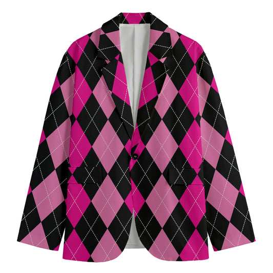 Black And Deep Pink Argyle Pattern Print Men's Blazer