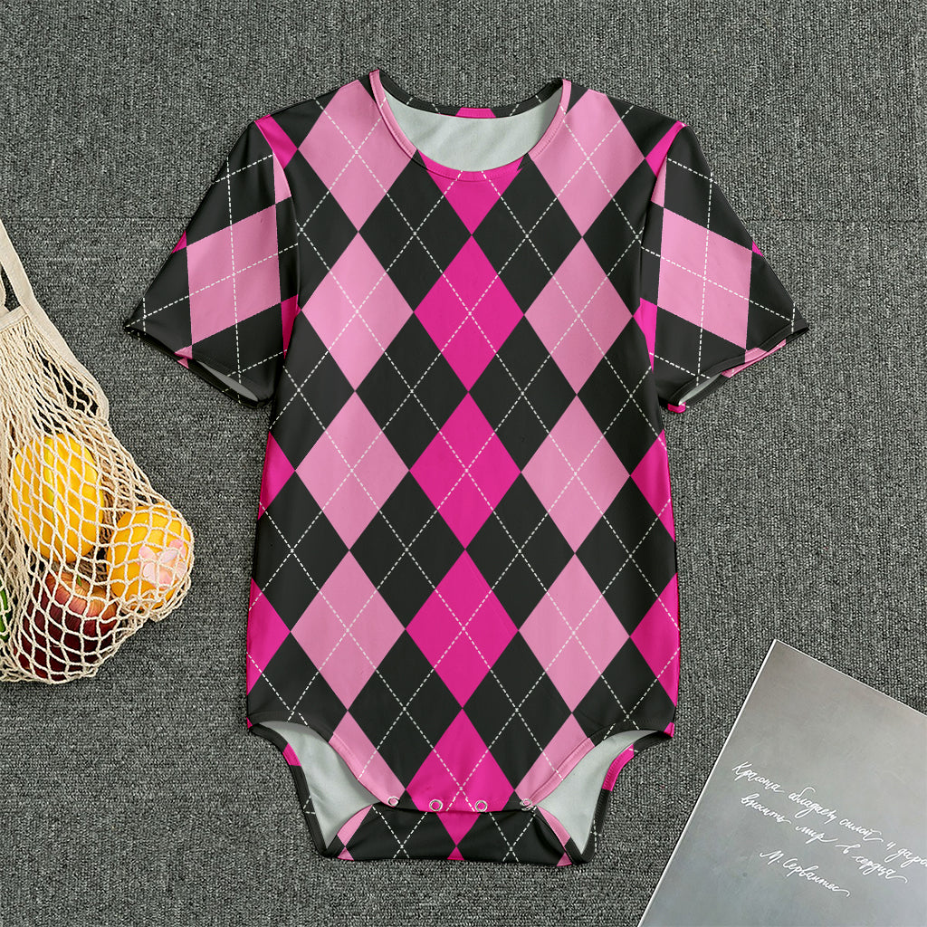 Black And Deep Pink Argyle Pattern Print Men's Bodysuit