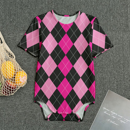 Black And Deep Pink Argyle Pattern Print Men's Bodysuit