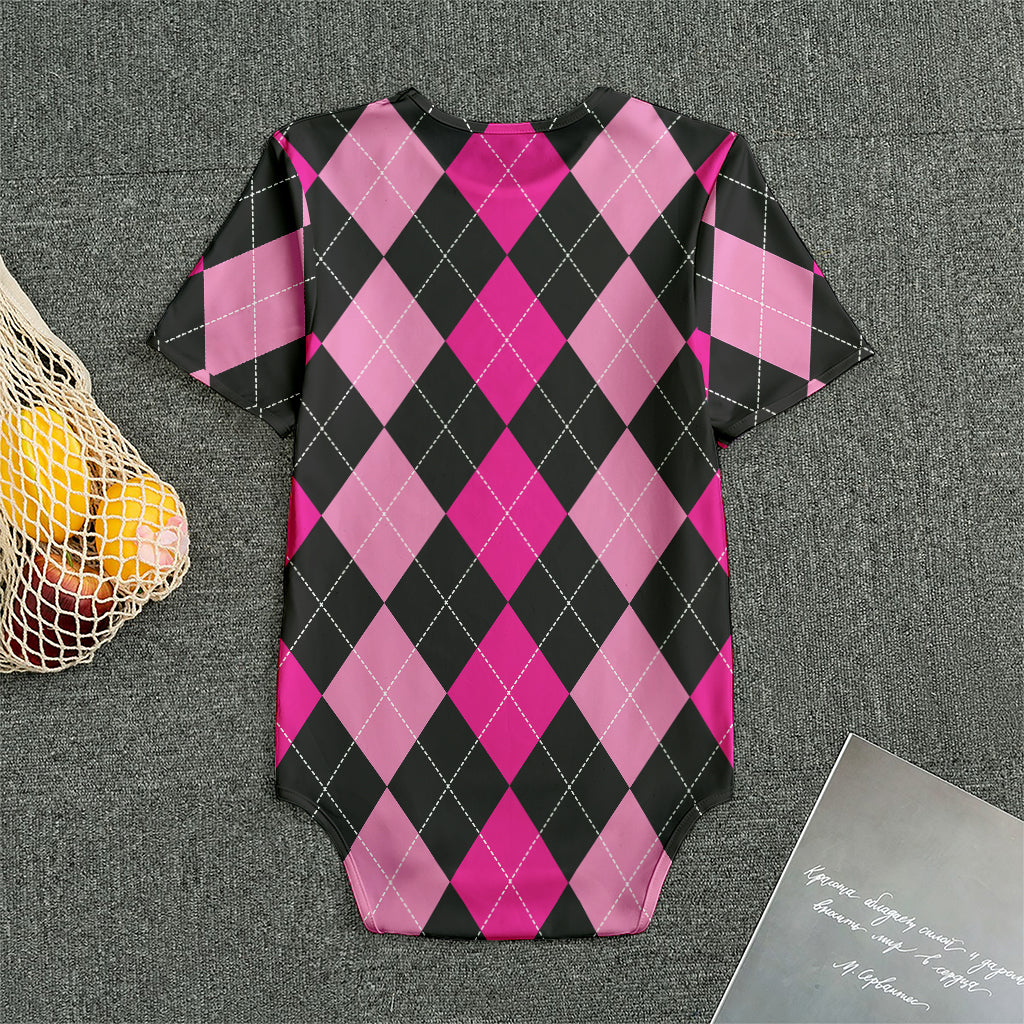 Black And Deep Pink Argyle Pattern Print Men's Bodysuit