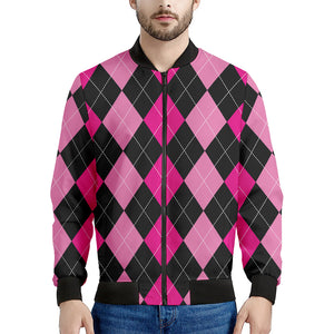 Black And Deep Pink Argyle Pattern Print Men's Bomber Jacket