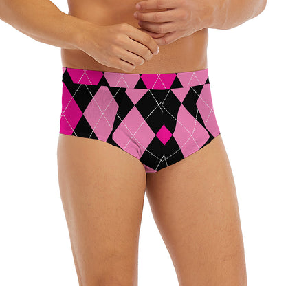 Black And Deep Pink Argyle Pattern Print Men's Briefs