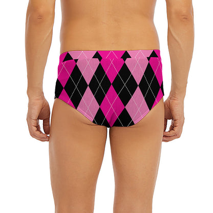 Black And Deep Pink Argyle Pattern Print Men's Briefs