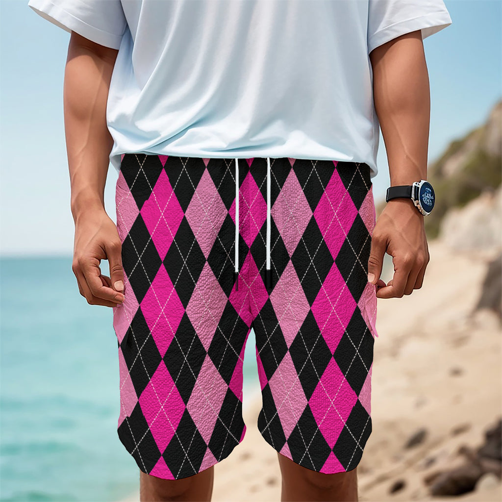 Black And Deep Pink Argyle Pattern Print Men's Cargo Shorts