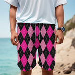 Black And Deep Pink Argyle Pattern Print Men's Cargo Shorts