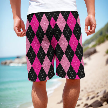 Black And Deep Pink Argyle Pattern Print Men's Cargo Shorts