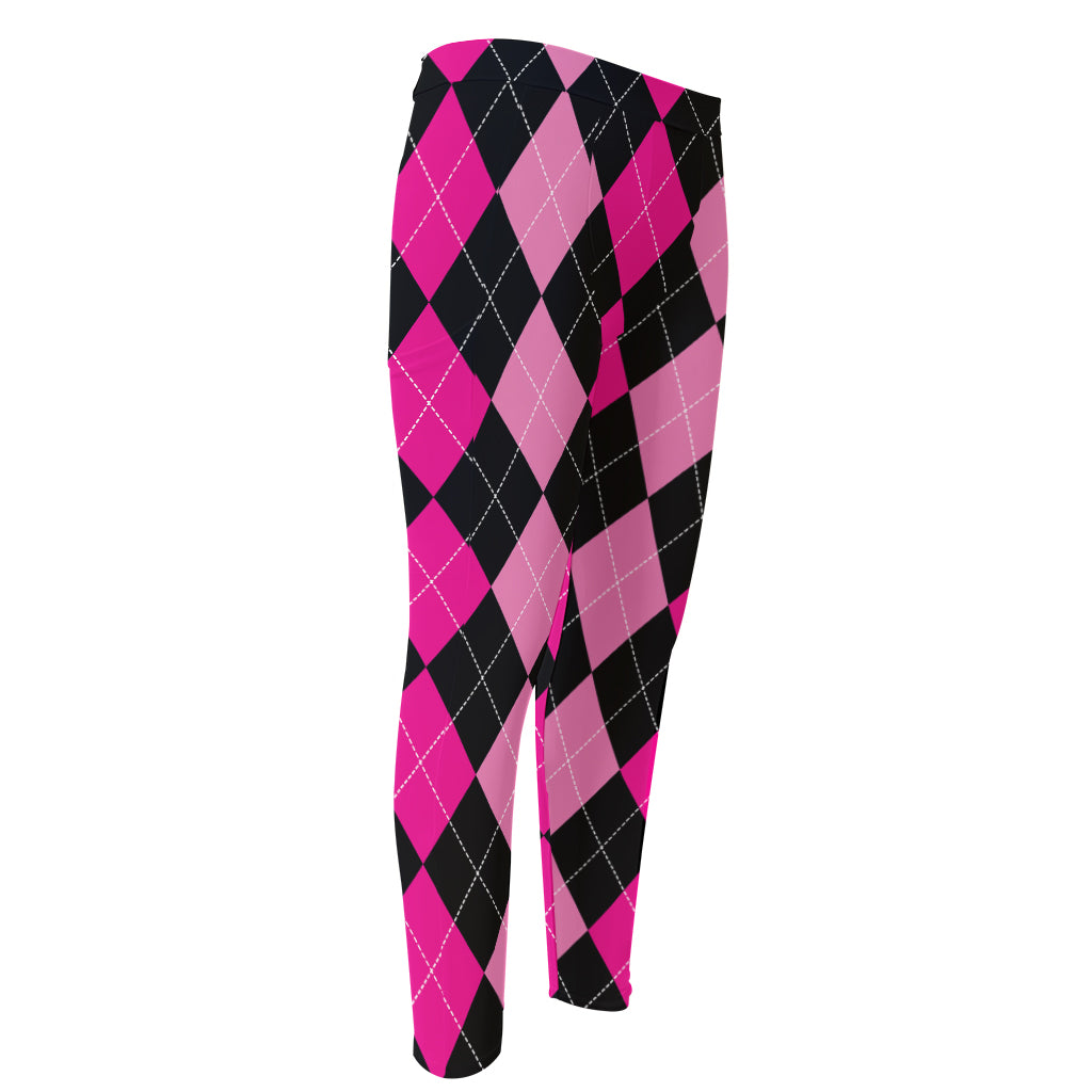 Black And Deep Pink Argyle Pattern Print Men's Compression Pants