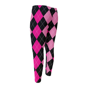 Black And Deep Pink Argyle Pattern Print Men's Compression Pants