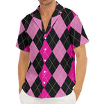 Black And Deep Pink Argyle Pattern Print Men's Deep V-Neck Shirt