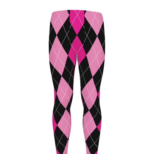 Black And Deep Pink Argyle Pattern Print Men's leggings