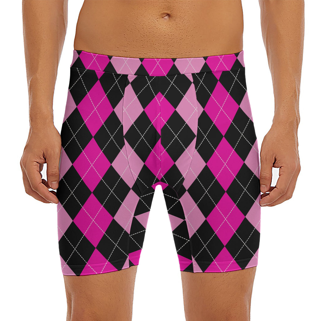 Black And Deep Pink Argyle Pattern Print Men's Long Boxer Briefs