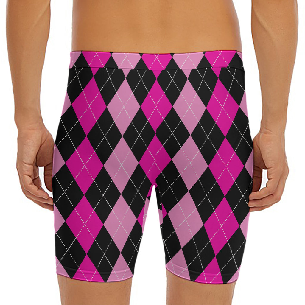 Black And Deep Pink Argyle Pattern Print Men's Long Boxer Briefs