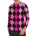 Black And Deep Pink Argyle Pattern Print Men's Long Sleeve Rash Guard