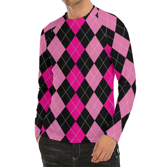 Black And Deep Pink Argyle Pattern Print Men's Long Sleeve Rash Guard