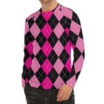 Black And Deep Pink Argyle Pattern Print Men's Long Sleeve Rash Guard