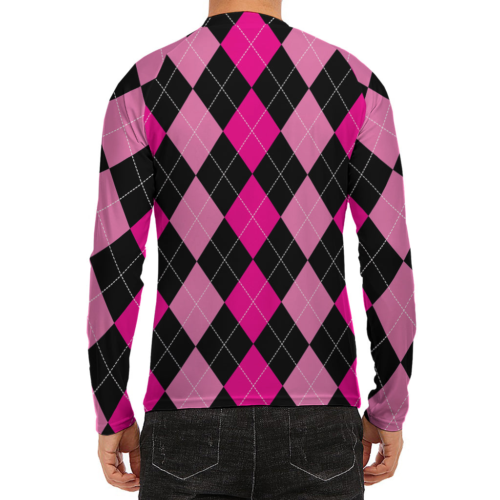 Black And Deep Pink Argyle Pattern Print Men's Long Sleeve Rash Guard