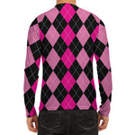 Black And Deep Pink Argyle Pattern Print Men's Long Sleeve Rash Guard