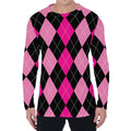 Black And Deep Pink Argyle Pattern Print Men's Long Sleeve T-Shirt