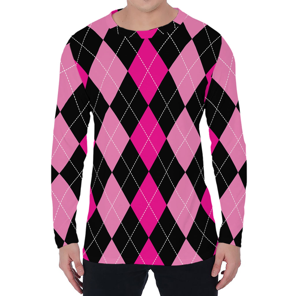 Black And Deep Pink Argyle Pattern Print Men's Long Sleeve T-Shirt
