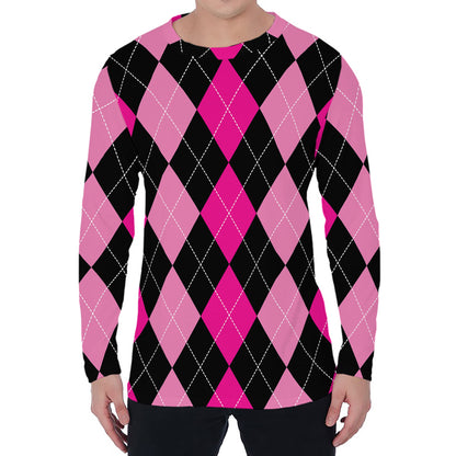 Black And Deep Pink Argyle Pattern Print Men's Long Sleeve T-Shirt