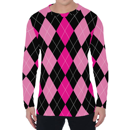 Black And Deep Pink Argyle Pattern Print Men's Long Sleeve T-Shirt