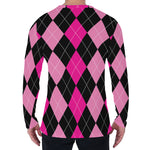 Black And Deep Pink Argyle Pattern Print Men's Long Sleeve T-Shirt
