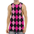 Black And Deep Pink Argyle Pattern Print Men's Muscle Tank Top