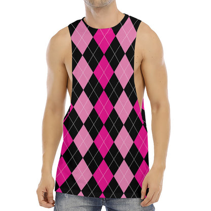 Black And Deep Pink Argyle Pattern Print Men's Muscle Tank Top