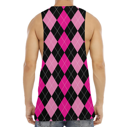 Black And Deep Pink Argyle Pattern Print Men's Muscle Tank Top